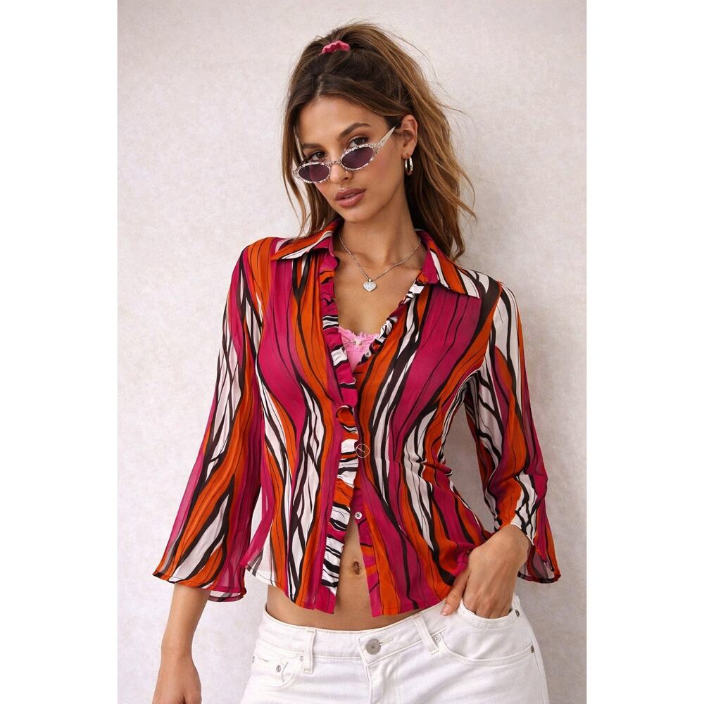 Allison Taylor Sheer Abstract Print Blouse M Pink Orange Career Y2K Top